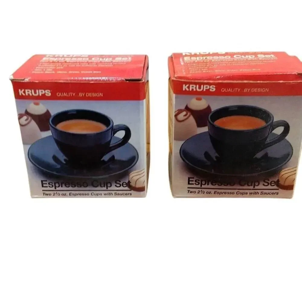 2 Krups Espresso Cup Sets, 4 2 1/2 Espresso Cups with Saucers, White Stoneware.